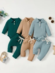 Baby Boy Cotton Hollow Striped Polo Shirt Trousers Suit