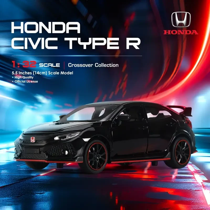 Honda Civic Type R Die-Cast Scale Model Car 1:32, Pull-Back Action, Zinc Alloy Toy Vehicle with Opening Doors, Authentic Design, for Kids 3+ - H Brand