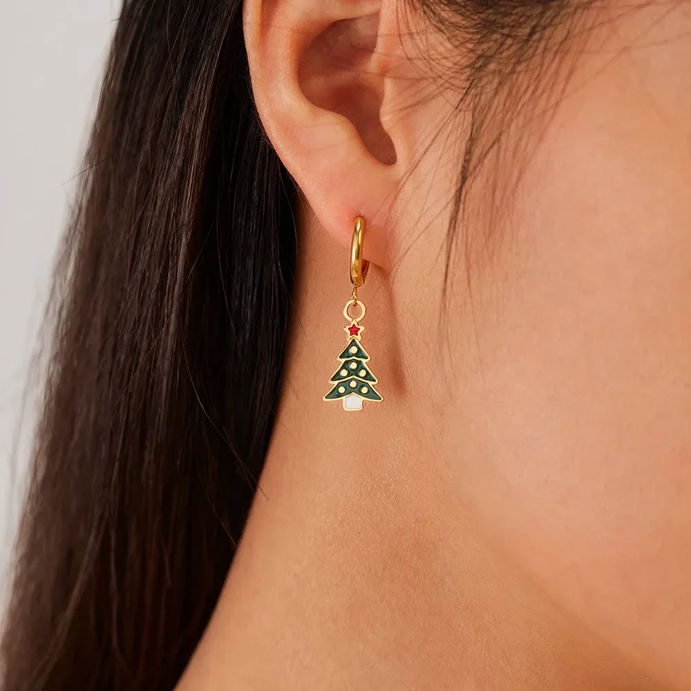 Shop the Christmas Element Earrings Female Fashion Stainless Steel – perfect for the holiday season. Featuring snowflakes, reindeer, and Christmas trees, these stylish earrings add a festive touch to your look. Ideal for Christmas parties and gift-giving!