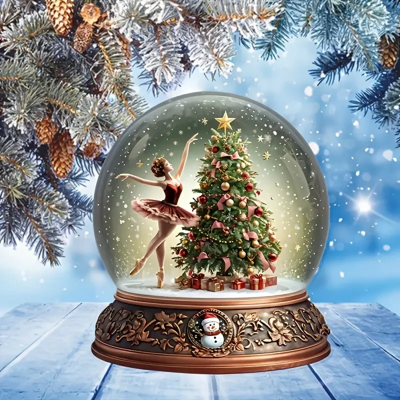 Boho-Chic Christmas Music Box with Rotating Carriage - Acrylic Snowball Design