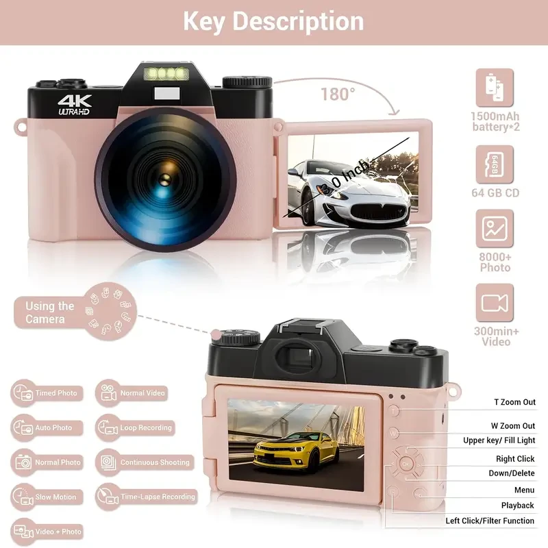 4K UHD & 56MP Compact Camera Kit with Auto Focus, 180° Flip Screen, 16x Digital Zoom - Includes Battery, 64GB Micro SD Card, and Charger - Ideal for Photography & Vlogging (Black)