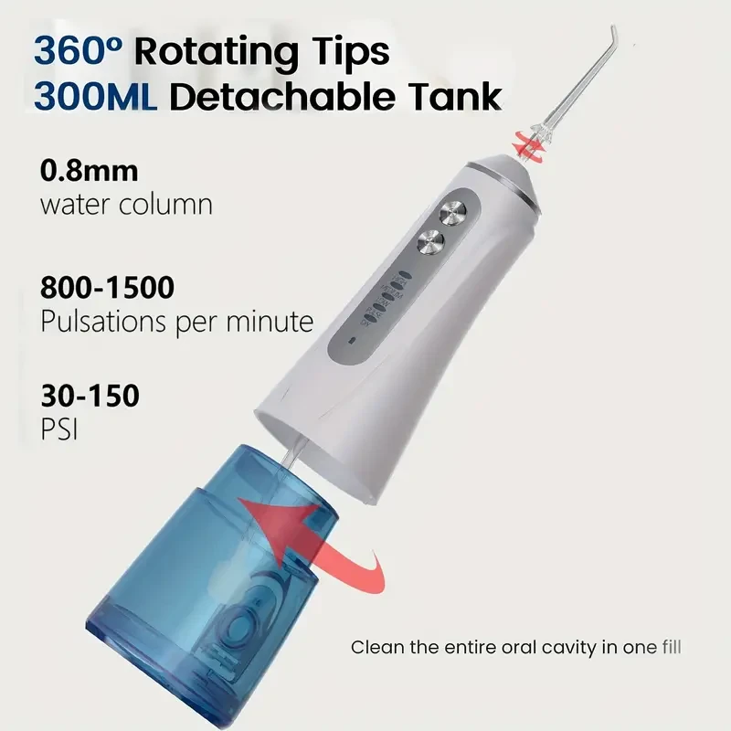 Rechargeable Water Flosser, 8 Jet Tips, 360° Rotation, 300ml Capacity,