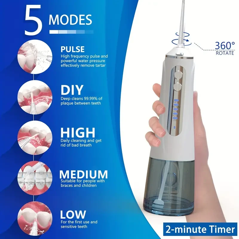 Rechargeable Water Flosser, 8 Jet Tips, 360° Rotation, 300ml Capacity,