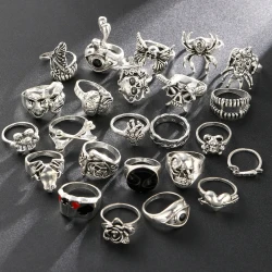 Cross-Border Dark Hip Hop Skull Spider Punk Ring Set – 24-Piece Retro Card Collection