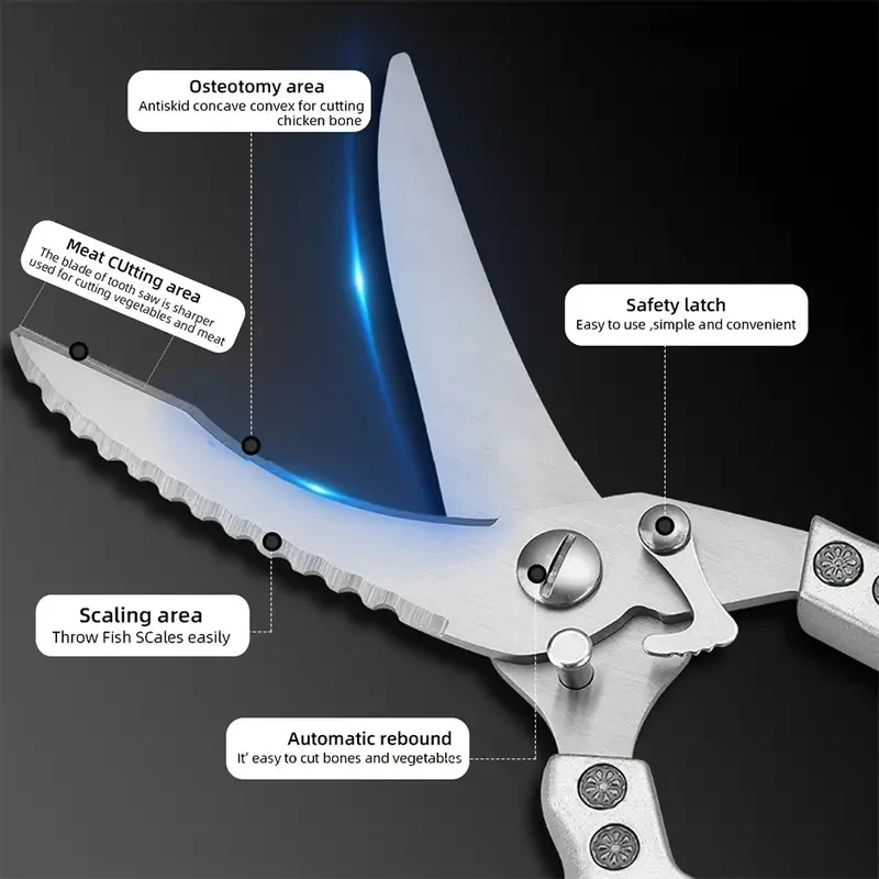 1pc Stainless Steel Kitchen Scissors, Effortless Rebound Scissors, for Fish, Meat, Chicken, Roasted Chicken, Vegetables, Various Kitchen Foods, Kitchen Tools, Household Scissors
