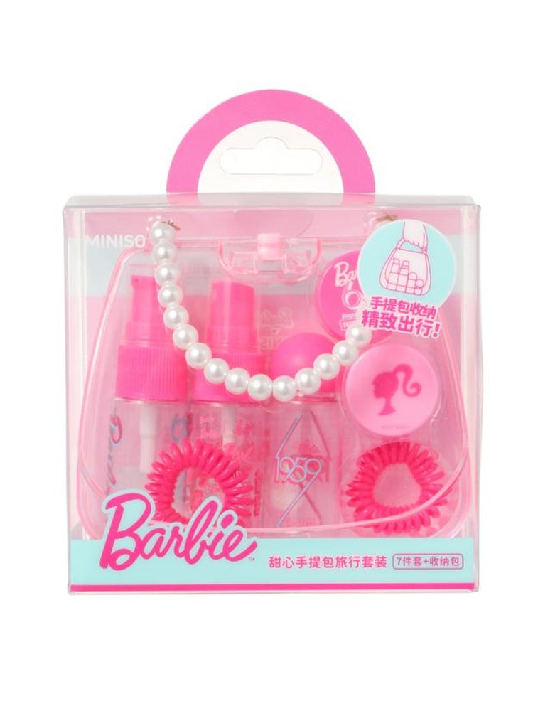 Miniso Barbie Dispensing Bottle Set – Sweetheart Handbag Travel Set, 7-Piece Dispensing Bottle Storage Bag