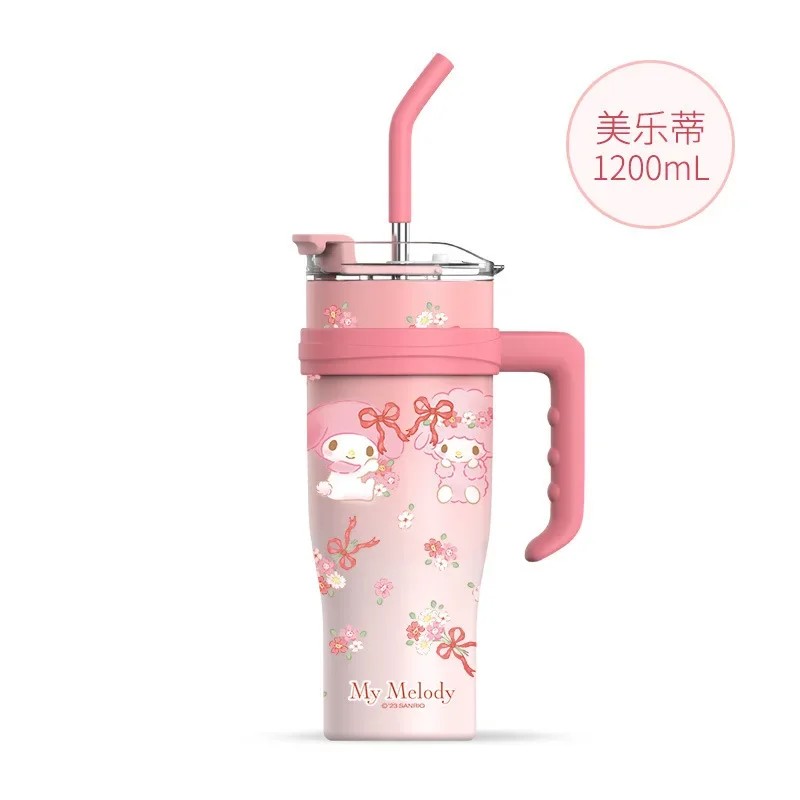 MINISO 1200ml Sanrio Thermos Bottle – Cold Ice Cute Hello Kitty Kuromi Cinnamoroll Melody Stainless Steel Water Bottle with Straw 2024