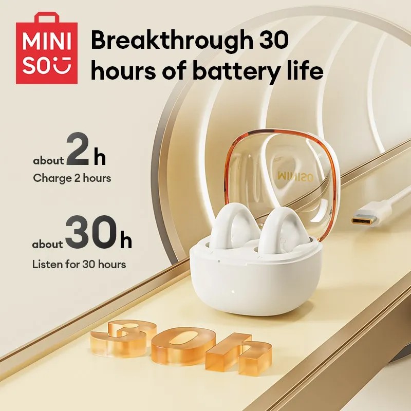 Original MINISO MCT09 Wireless Bluetooth V5.3 Earphones – Touch Control Ear Clip Music Earbuds, Sport Running Headset with Mic