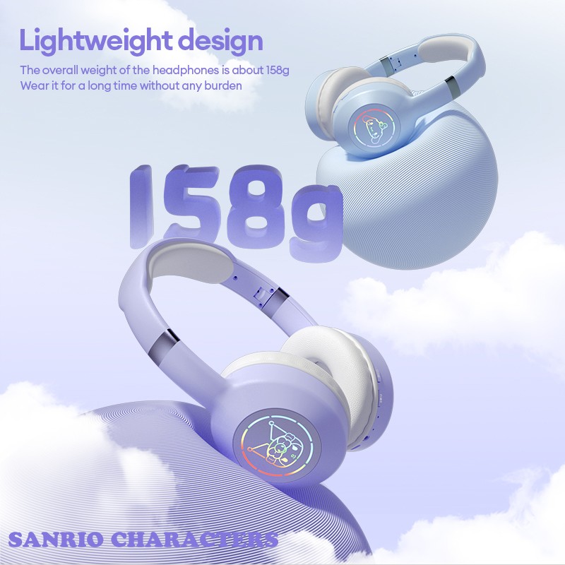 Miniso Sanrio EM-368 Bluetooth 5.2 Headphones – Stereo Sound Wireless Earphones with RGB Light, Kuromi, Melody, and Hello Kitty Designs