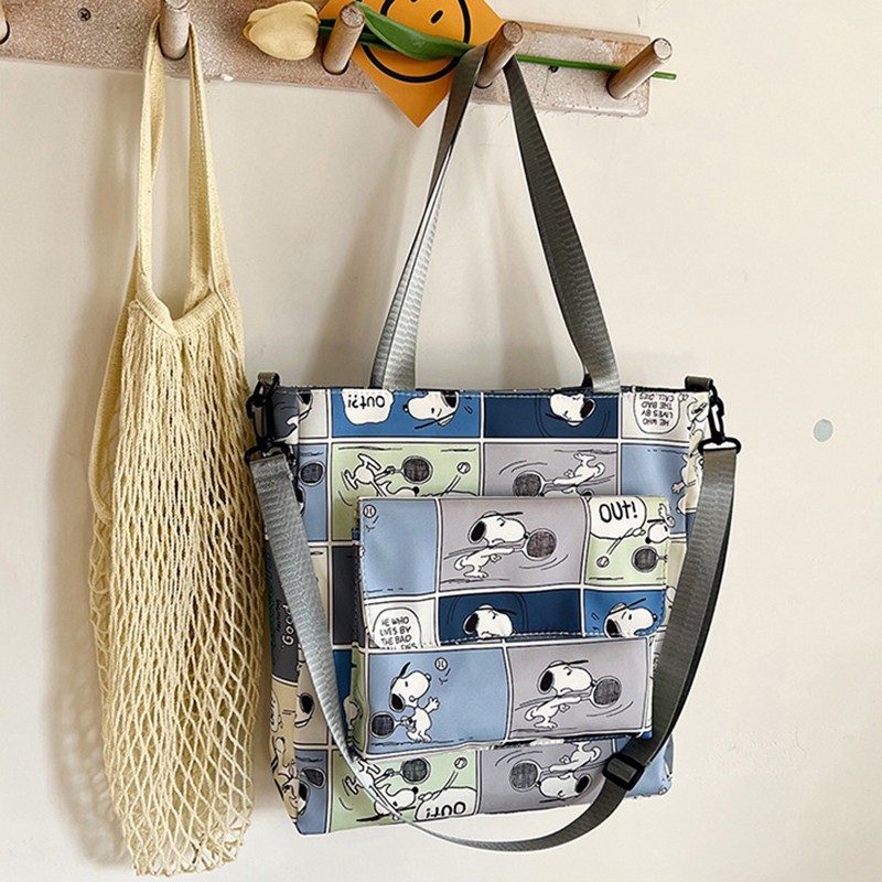 MINISO Snoopy Cartoon Print Tote Bag – Fashionable Large Capacity Casual One Shoulder Crossbody Bag, Nylon Pink Handbag