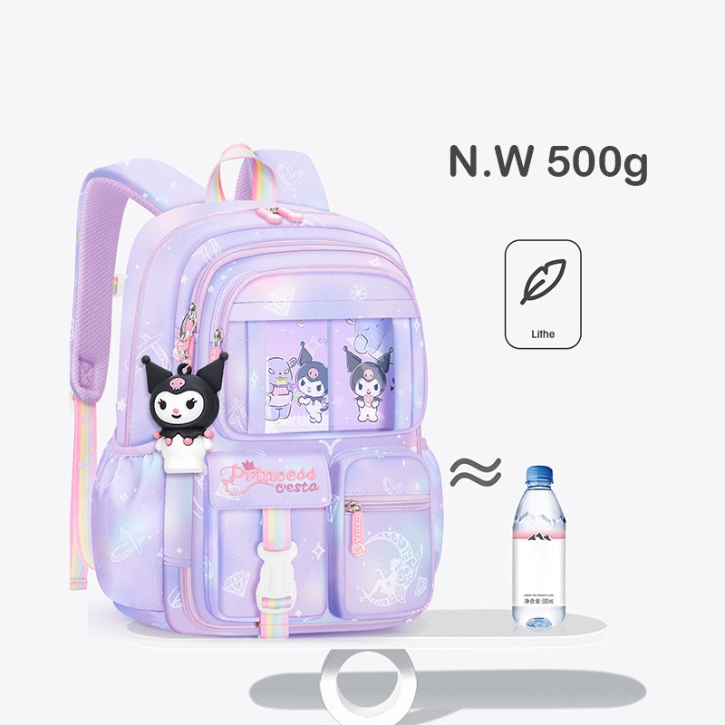 MINISO Sanrio Kuromi Student Backpack – Kawaii Reduce Burden Protect Spine Kids Schoolbag, Cute Cartoon Light Book Bag, Girl Gift