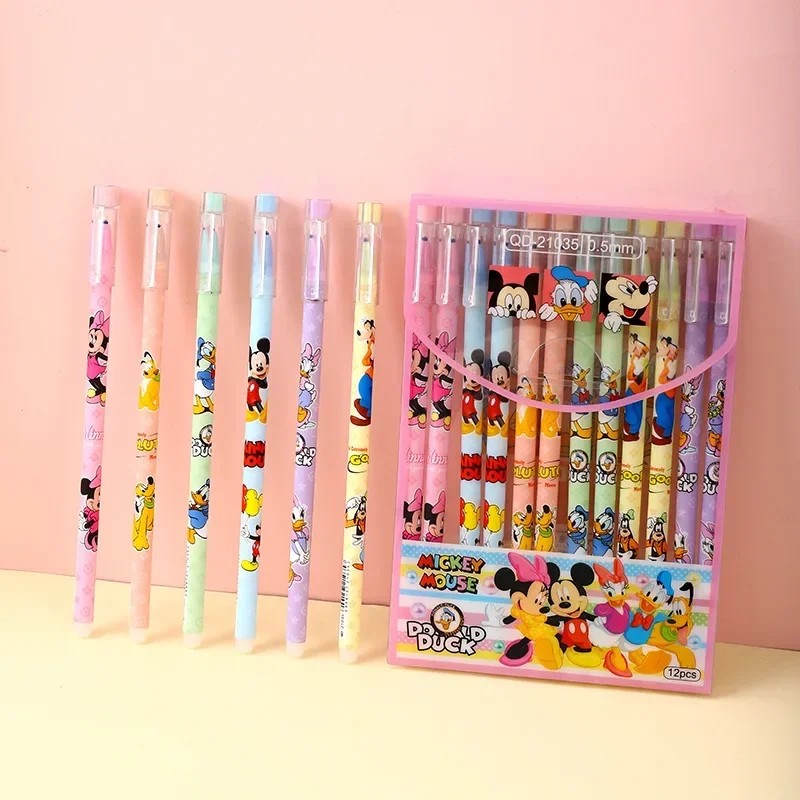 Disney 12pcs Gel Pen Cartoon Mickey Minnie Shape – Children's Prize 0.5mm Black Pen for Office Supplies and Student Stationery