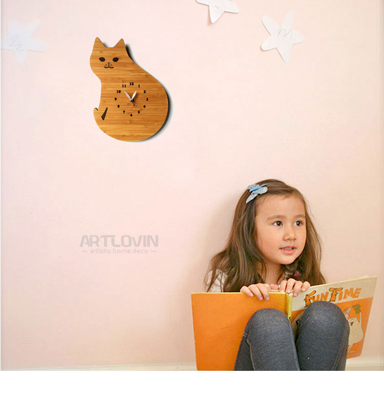 12 pouces chat/hibou modèle horloge pour la maison décoration murale dessin animé bambou horloges animaux Europe design moderne enfants chambre décoration