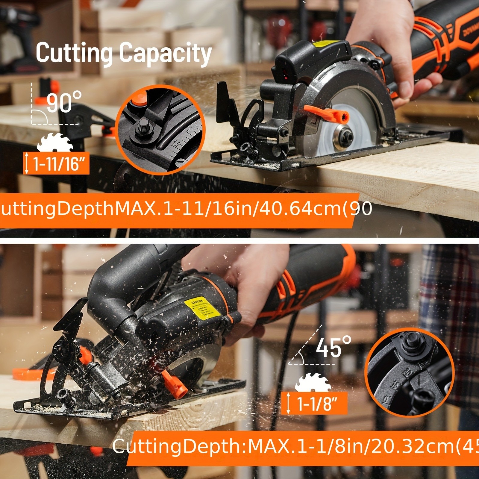 MCS01A Circular Saw, 5.8A 4-1/2" Circular Saw W/Laser, Metal Auxiliary Handle, 6 Saw Blades (4½", 4¾"), Cutting Depth 1-11/16" (90°), 1-3/8" (45°), Ideal For Wood, Soft Metal, Plastic, Tile
