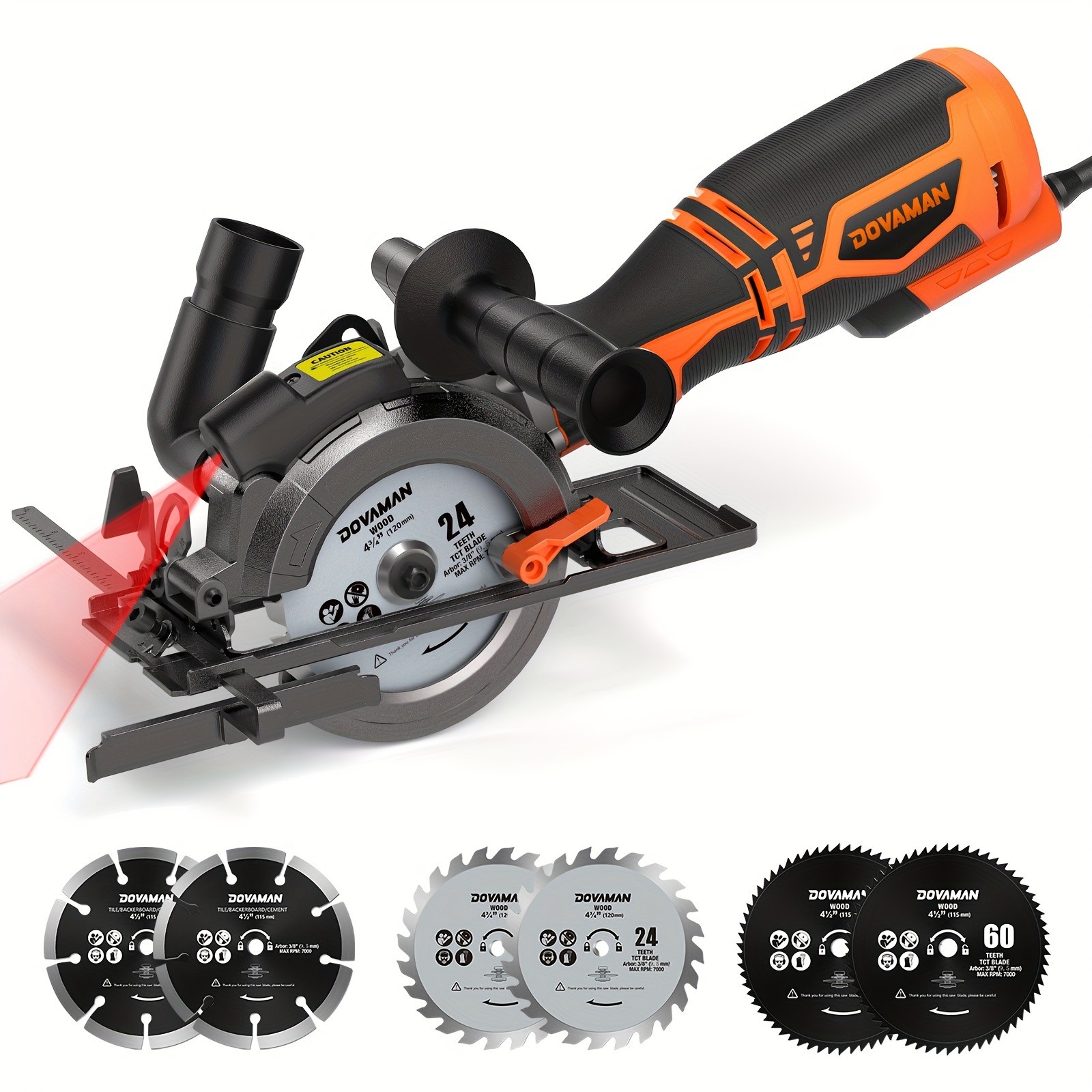 MCS01A Circular Saw, 5.8A 4-1/2" Circular Saw W/Laser, Metal Auxiliary Handle, 6 Saw Blades (4½", 4¾"), Cutting Depth 1-11/16" (90°), 1-3/8" (45°), Ideal For Wood, Soft Metal, Plastic, Tile