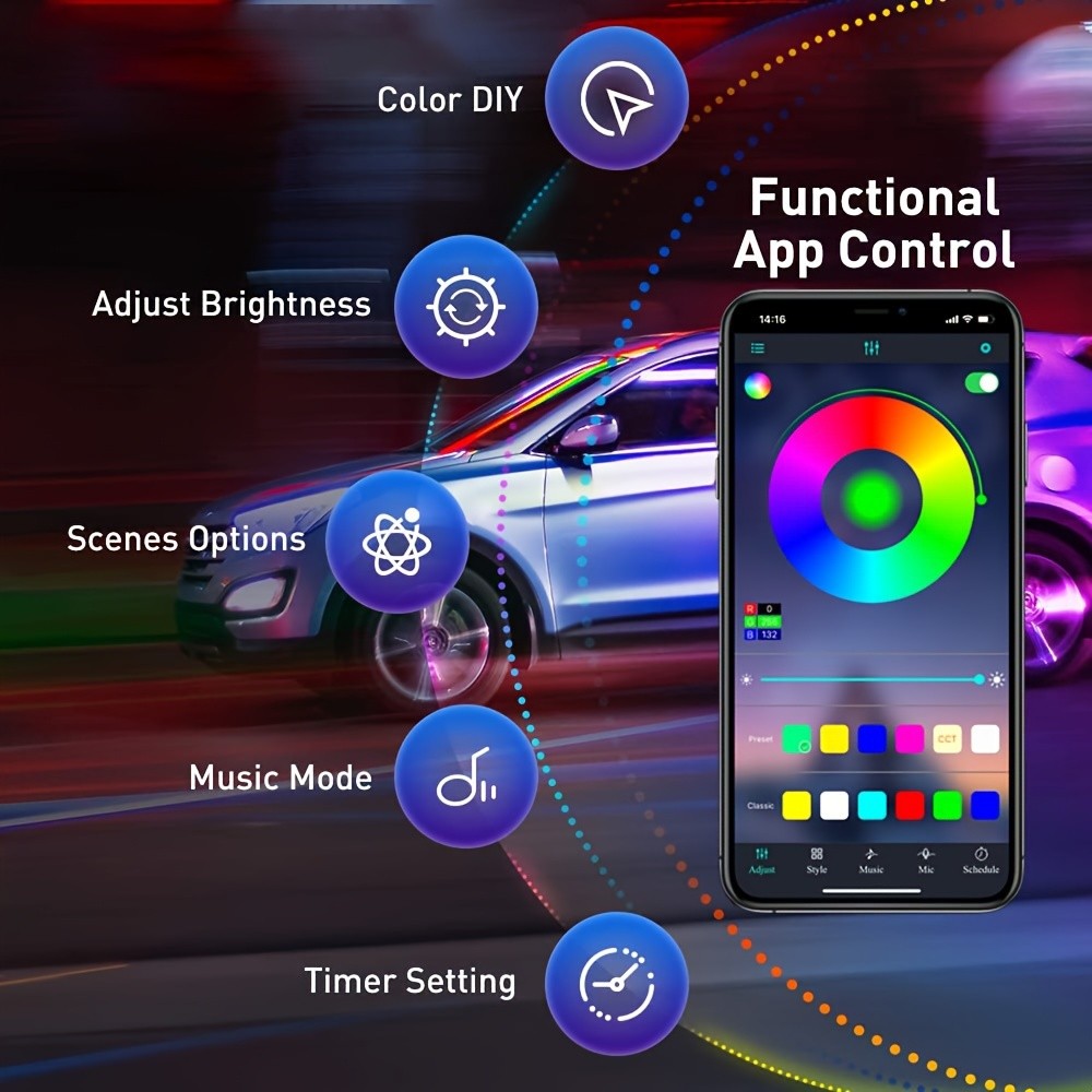 5V RGB 5-in-1 Ambient Car LED Strip Lights Kit - Music Sync, USB Powered, Color-Changing, Waterproof, Flexible, and Dimmable Interior Lighting Accessories for Motor Vehicles