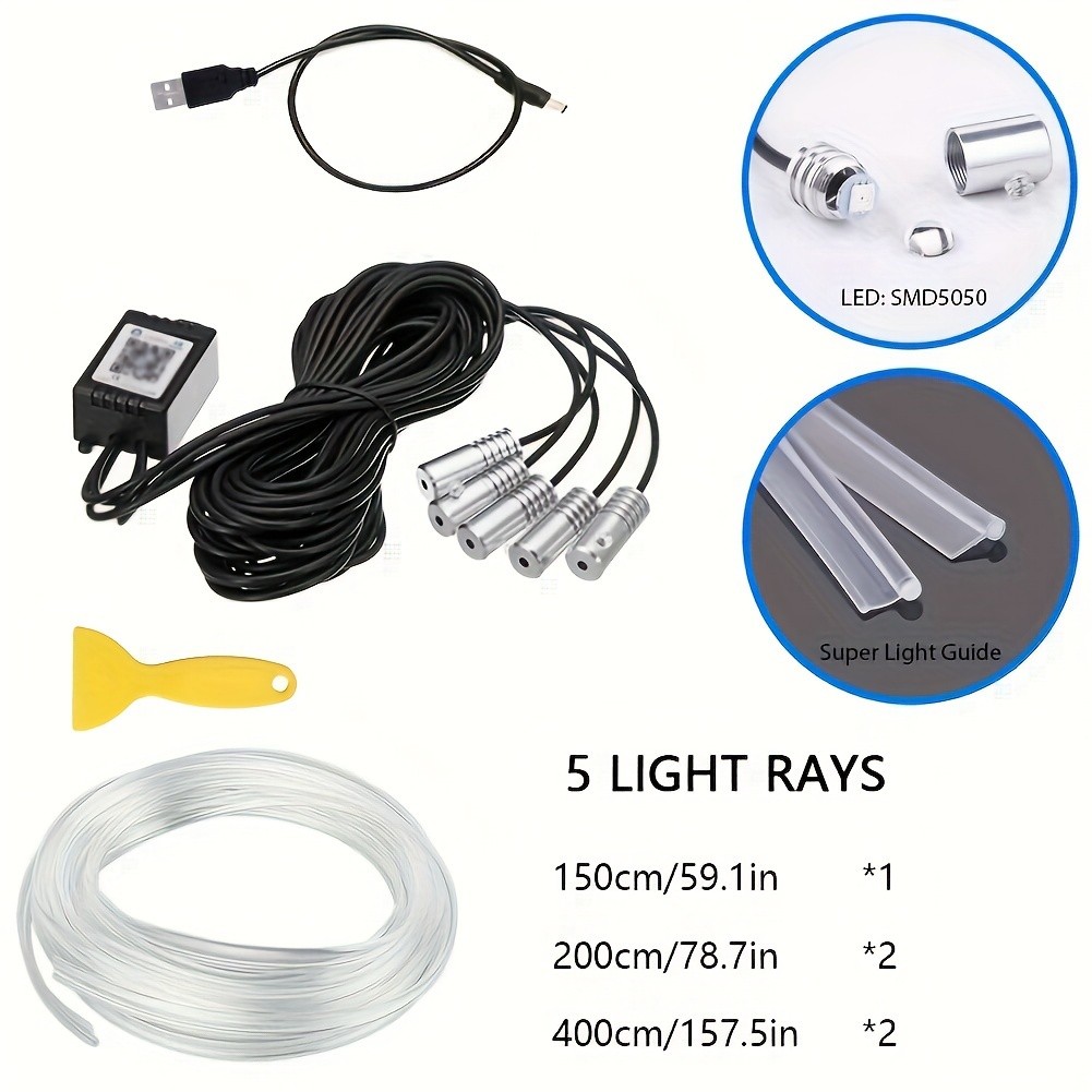 5V RGB 5-in-1 Ambient Car LED Strip Lights Kit - Music Sync, USB Powered, Color-Changing, Waterproof, Flexible, and Dimmable Interior Lighting Accessories for Motor Vehicles