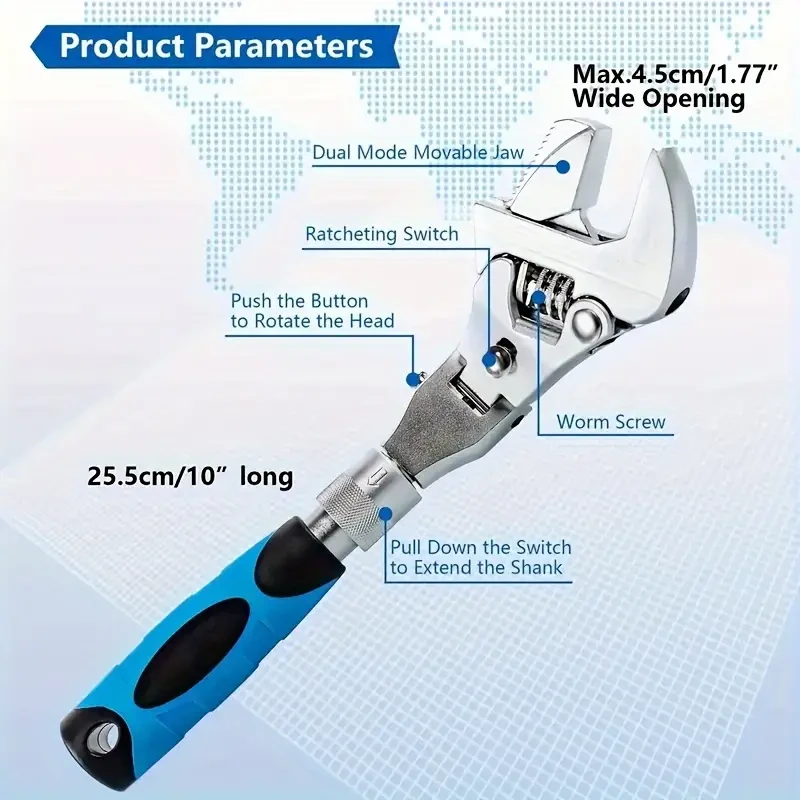 1pc 5-in-1 Adjustable Ratchet Wrench Set - 25.4cm to 30.48cm Crescent Wrench with 180° Folding, Rotating Head and Adjustable Torque - Versatile Tool, Easy to Grip, Wide Range of Applications