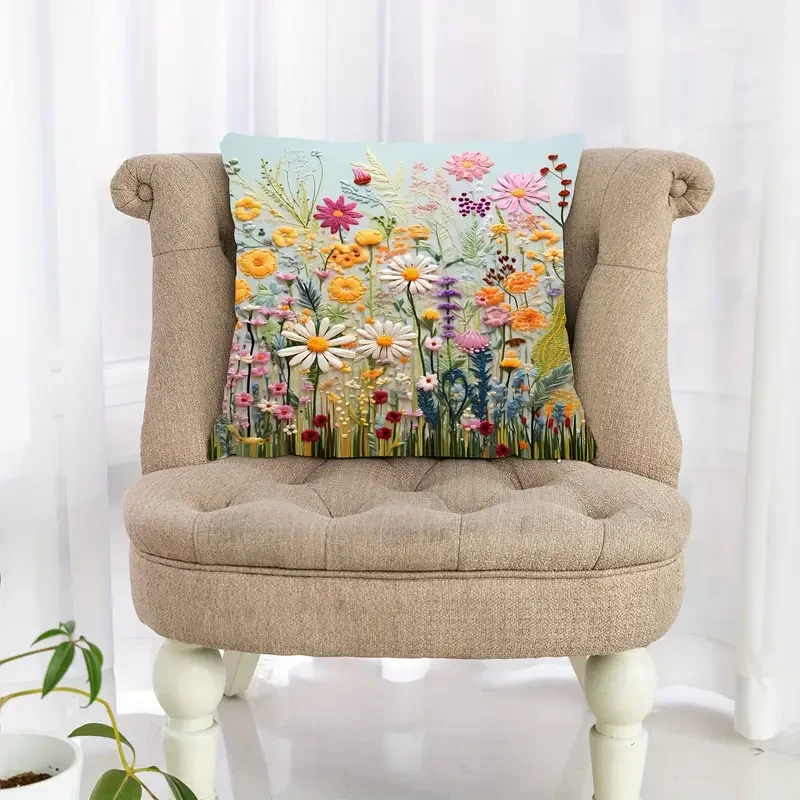 Plant Flower Pattern Polyester Cushion Cover – Elegant Room, Bedroom, and Sofa Decor