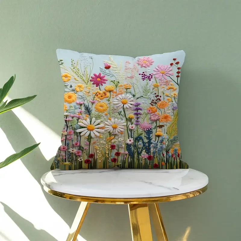Plant Flower Pattern Polyester Cushion Cover – Elegant Room, Bedroom, and Sofa Decor