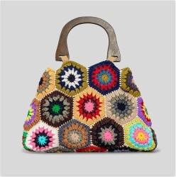 Spring And Summer New Grandma Plaid Women Bamboo Handle Patchwork Retro Contrast Color Cotton Braided Handbag