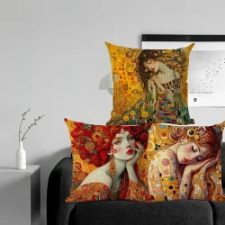 18x18 Inches Durable Linen Gustav Klimt Artistic Print Cushion Cover – Vintage Style with Beautiful Woman Design