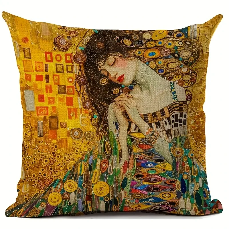 18x18 Inches Durable Linen Gustav Klimt Artistic Print Cushion Cover – Vintage Style with Beautiful Woman Design