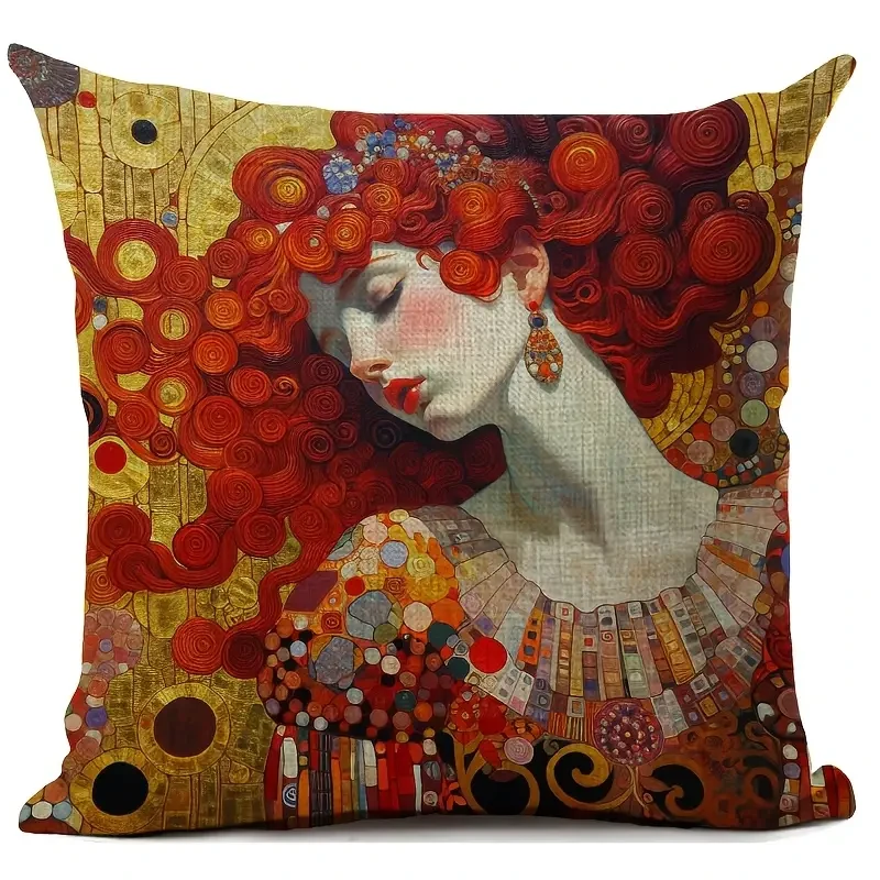 18x18 Inches Durable Linen Gustav Klimt Artistic Print Cushion Cover – Vintage Style with Beautiful Woman Design