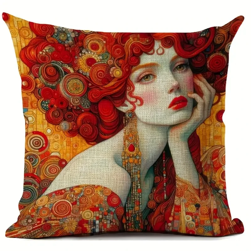 18x18 Inches Durable Linen Gustav Klimt Artistic Print Cushion Cover – Vintage Style with Beautiful Woman Design