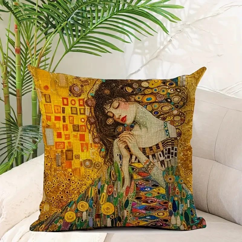 18x18 Inches Durable Linen Gustav Klimt Artistic Print Cushion Cover – Vintage Style with Beautiful Woman Design