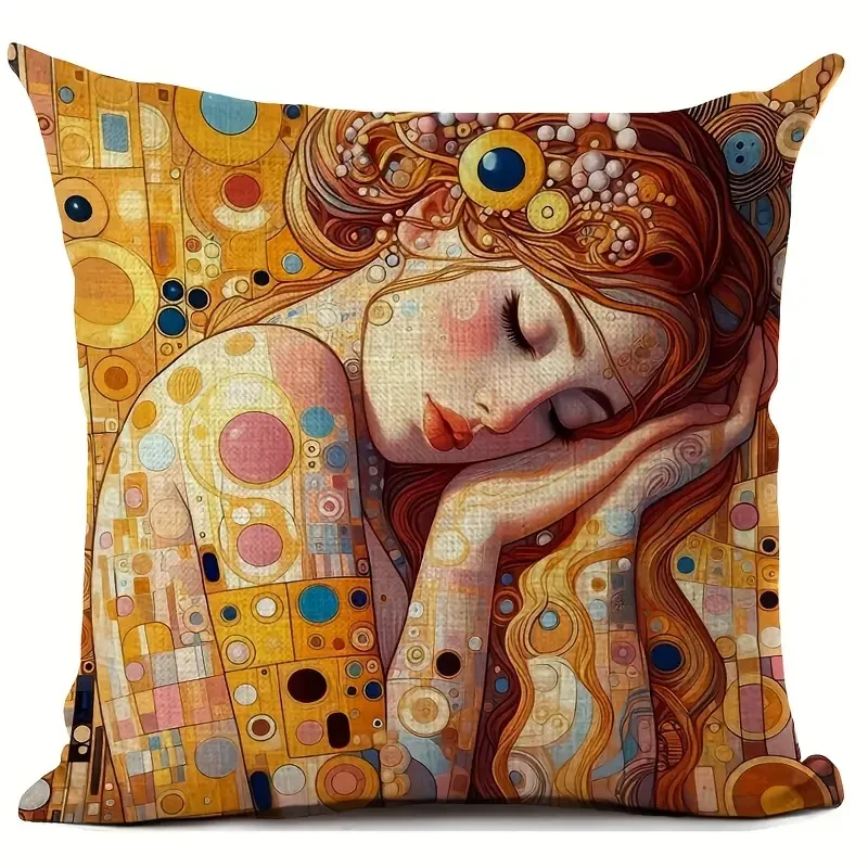 18x18 Inches Durable Linen Gustav Klimt Artistic Print Cushion Cover – Vintage Style with Beautiful Woman Design