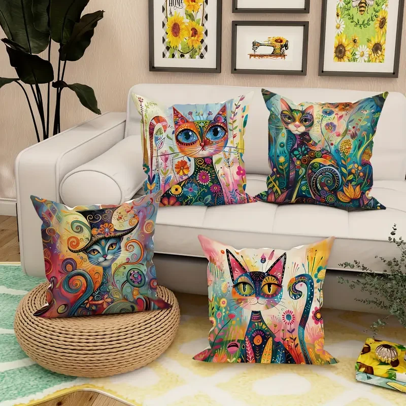 JIT 4-Pack Contemporary Throw Cushion Covers – Velvet Cat Floral Abstract Art