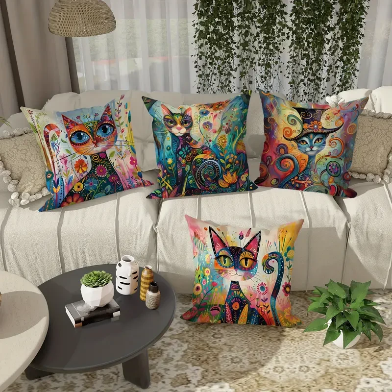 JIT 4-Pack Contemporary Throw Cushion Covers – Velvet Cat Floral Abstract Art