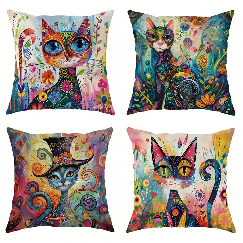 JIT 4-Pack Contemporary Throw Cushion Covers – Velvet Cat Floral Abstract Art