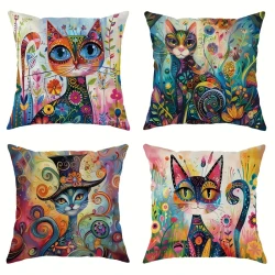 JIT 4-Pack Contemporary Throw Cushion Covers – Velvet Cat Floral Abstract Art
