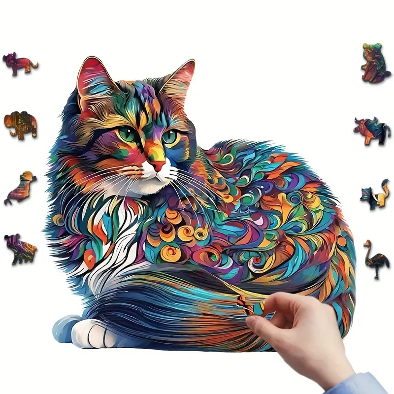 Colorful Cat Wooden Puzzle – Unique Shaped Jigsaw for Creative Minds