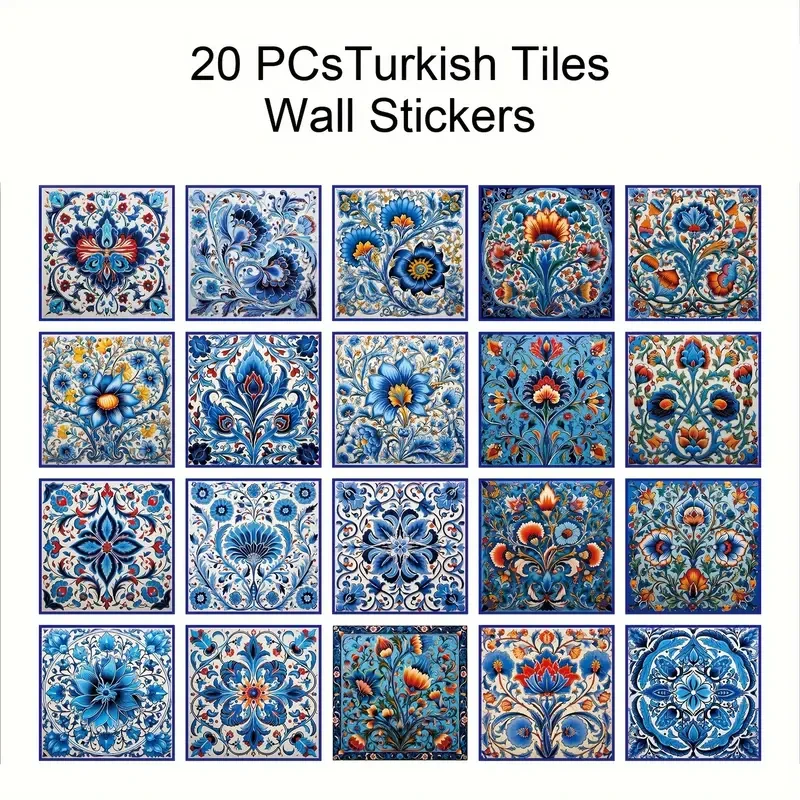 20pcs Elegant Blue & White Turkish Tile Stickers – Ocean-Inspired Design for Kitchens & Bathrooms