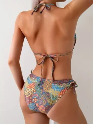 Allover Print Ethnic Style Triangle Halter Tie Strap Backless 2-Piece Set