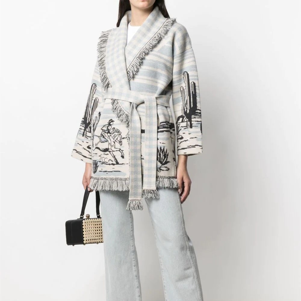 WQJGR Cardigan Sweater Women – Wool Knitted Tassel Doodle Jacquard Loose Full Sleeve High-Quality Cashmere Winter Jacket