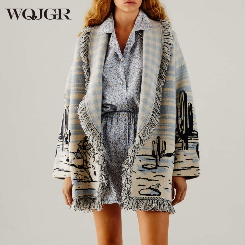 WQJGR Cardigan Sweater Women – Wool Knitted Tassel Doodle Jacquard Loose Full Sleeve High-Quality Cashmere Winter Jacket