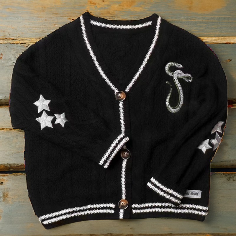 Reputation Cardigan with Snake Star Design – Taylor Inspired Embroidered V-Neck Sweater