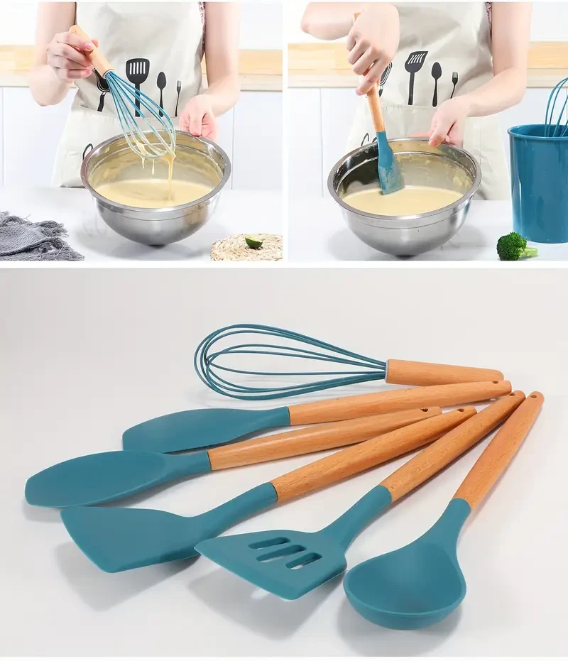 Upgrade your cooking with the 12pcs Silicone Kitchen Utensil Set with Wooden Handles. Heat-resistant, BPA-free, and non-stick, this stylish set is perfect for New Zealand kitchens. Includes turner, spatula, ladle, whisk, and more with a holder for organiz