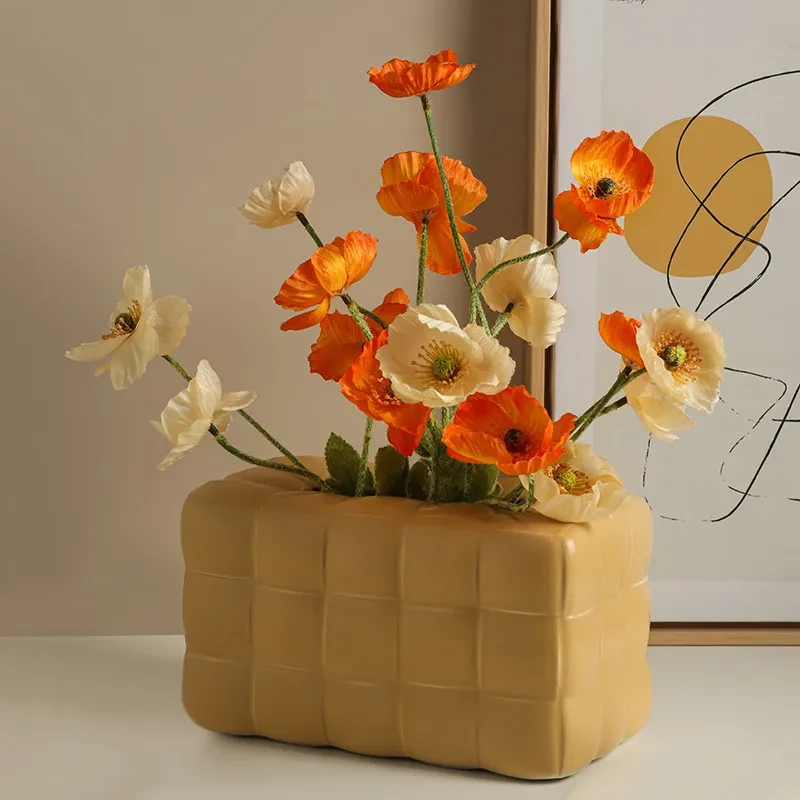 Wholesale Modern Woven Bag Ceramic Vase Home Storage Box Morandi Color For Table Decoration