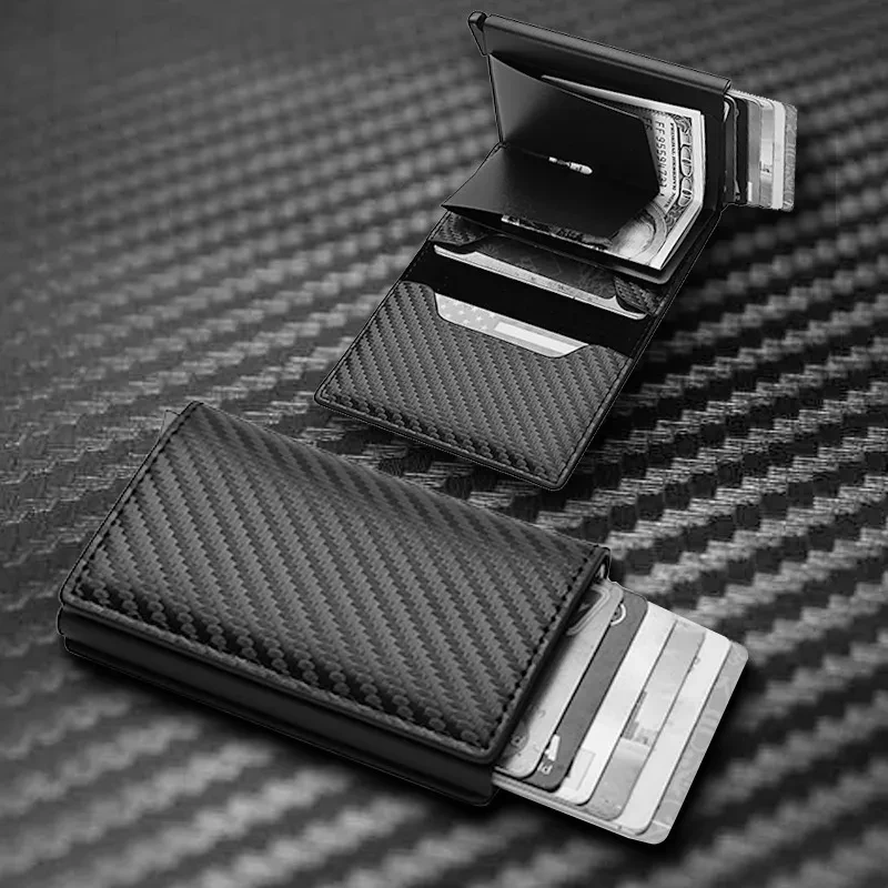 1pc Men's Business Style RFID Blocking Wallet, Durable Carbon Fiber Pattern, Slim Aluminum Alloy Card Holder, AirTag Compatible, Secure Credit Card Case