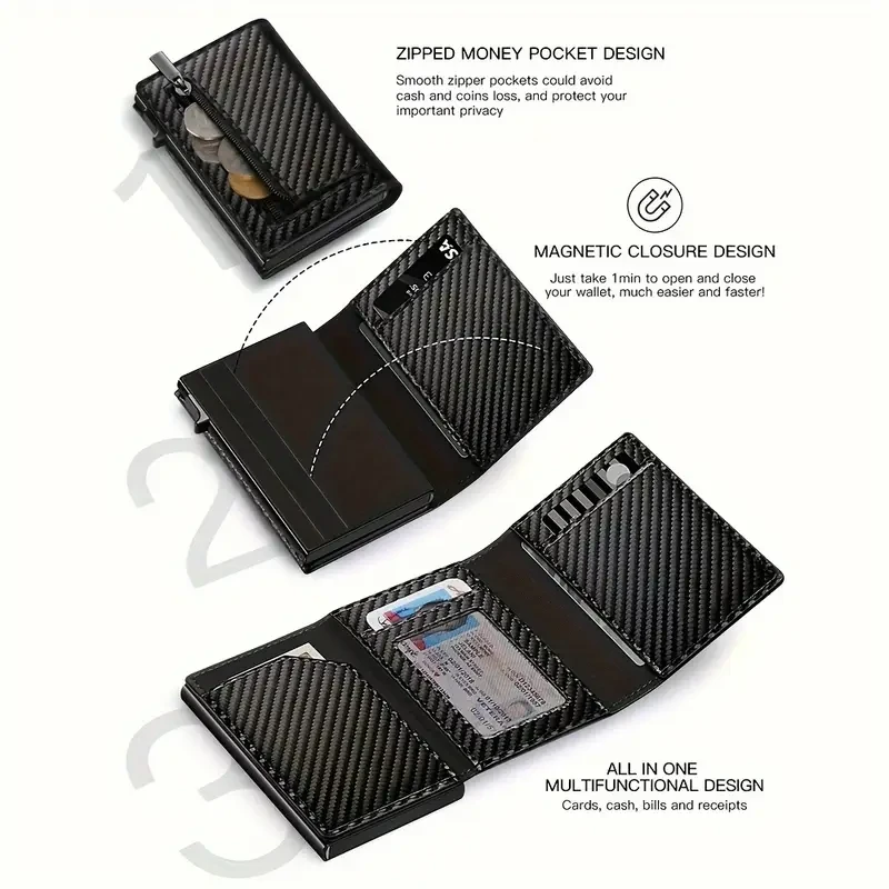 1pc Men's Business Style RFID Blocking Wallet, Durable Carbon Fiber Pattern, Slim Aluminum Alloy Card Holder, AirTag Compatible, Secure Credit Card Case