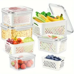 6-Pack Bpa-Free Plastic Food Storage Containers with Lids for Refrigerator, Multifunctional Airtight Freshness Preserving Bins, Drainage Box Set for Fruits, Vegetables, And Kitchen, Restaurant, Supermarket Pantry Organization