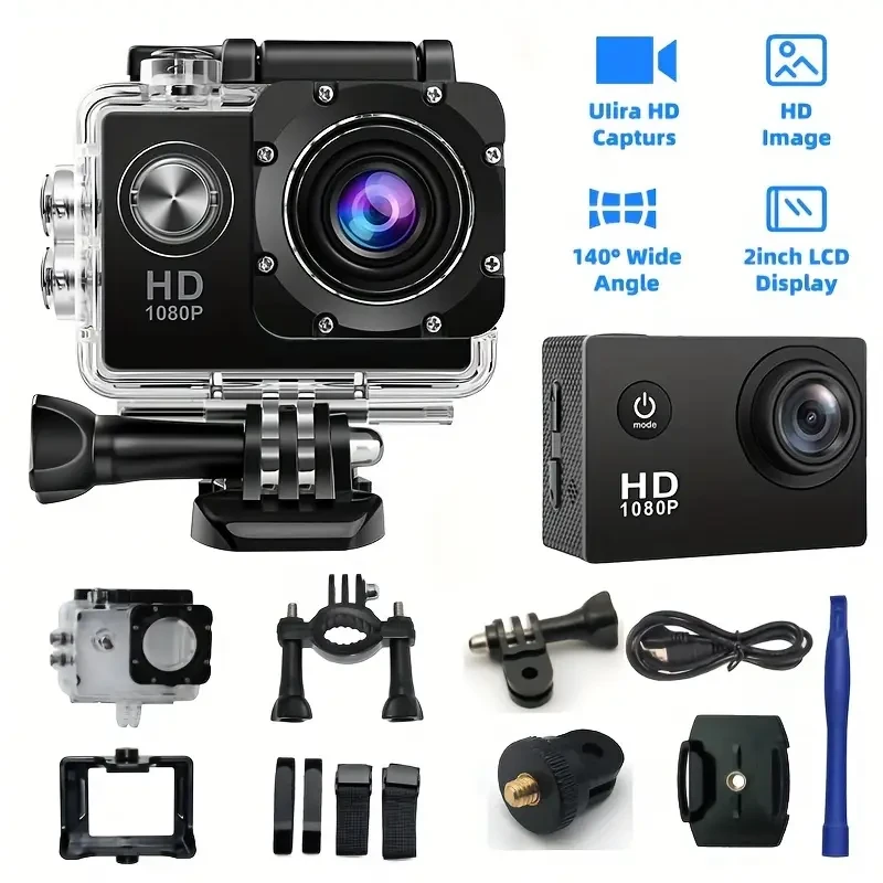 This Is a 1080P HD Action Camera Featuring Ultra HD Recording, a 140° Wide-Angle Lens, a 5.08Cm LCD Screen, Designed for Outdoor Sports Recording, with Automatic Exposure, Digital Stabilization, a Fisheye Lens, And Powered by Battery Or USB, Saving Files