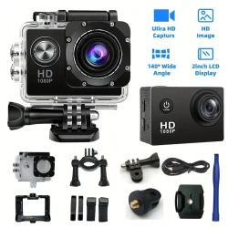 This Is a 1080P HD Action Camera Featuring Ultra HD Recording, a 140° Wide-Angle Lens, a 5.08Cm LCD Screen, Designed for Outdoor Sports Recording, with Automatic Exposure, Digital Stabilization, a Fisheye Lens, And Powered by Battery Or USB, Saving Files