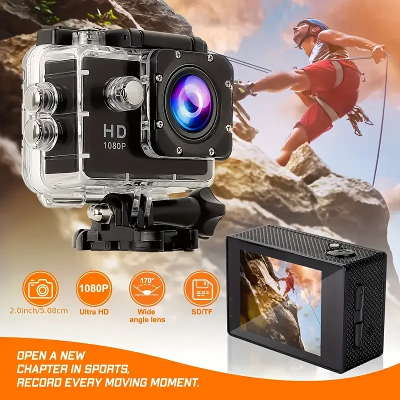 This Is a 1080P HD Action Camera Featuring Ultra HD Recording, a 140° Wide-Angle Lens, a 5.08Cm LCD Screen, Designed for Outdoor Sports Recording, with Automatic Exposure, Digital Stabilization, a Fisheye Lens, And Powered by Battery Or USB, Saving Files