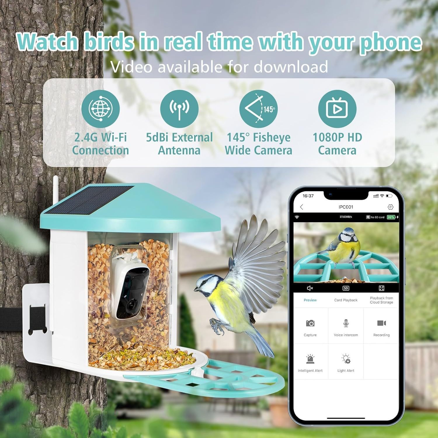 2.4G WiFi Smart Bird Feeder with Camera 2.4K Screen Solar Low Power Night Vision IP66 Waterproof 4G or WIFI Connected Feeder